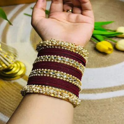 Premium Maroon Bridal Churi Set with Pearl & Kundan Work – Luxury Wedding Bangles for Bride