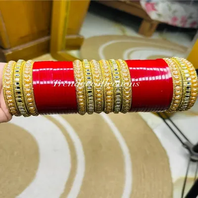 Red & Maroon Bridal Churi Set with Pearl & Kundan Work – Wedding Bangles for Bride