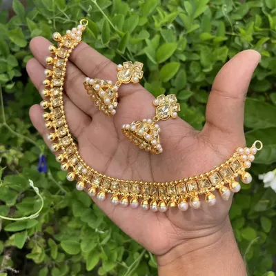 Gold Polished Stone Neckpiece Set with Pearl Drop (Design Variant) – Traditional & Bridal Jewellery