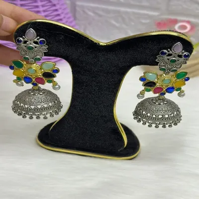 German Silver Jhumka Earrings with Multicolour Stones | Antique Finish