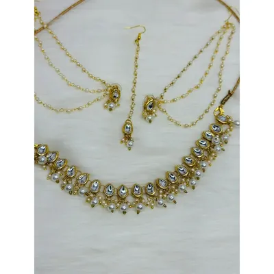 Gold Polished Kundan Necklace Set with Pearl Drops | Bridal Kundan Jewellery