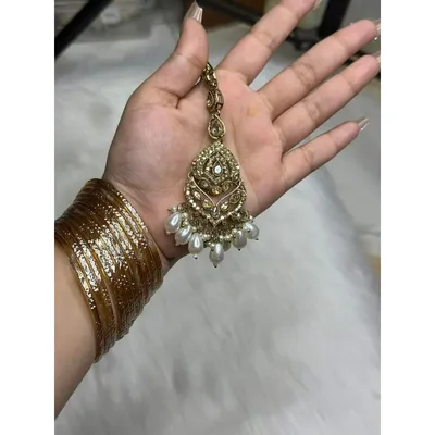Gold Polished AD Stone Tikli with Pearl Drop | Bridal Forehead Jewellery
