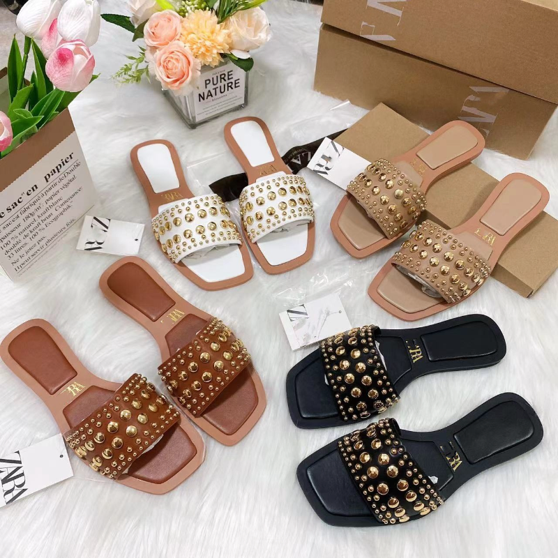 METAL RIVET DECORATION SQUARE TOE SLIPPERS