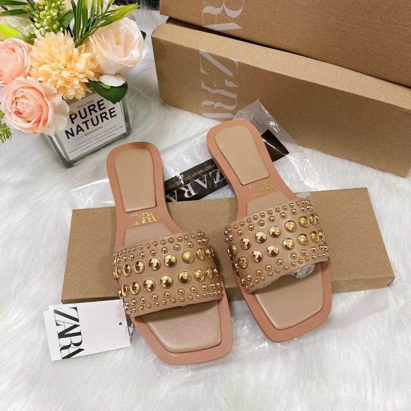 METAL RIVET DECORATION SQUARE TOE SLIPPERS