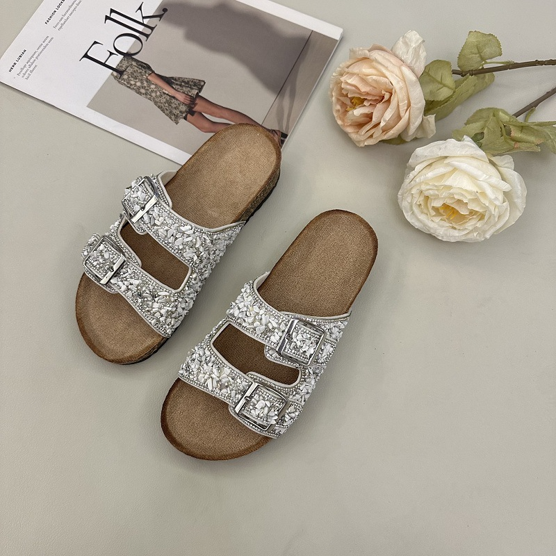 BEACHY DOUBLE BUCKLE RHINESTONE UPPER SLIPPERS