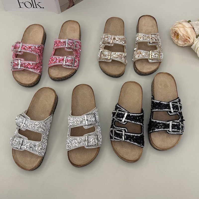 BEACHY DOUBLE BUCKLE RHINESTONE UPPER SLIPPERS