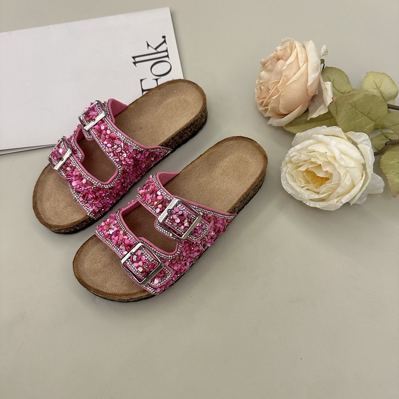 BEACHY DOUBLE BUCKLE RHINESTONE UPPER SLIPPERS