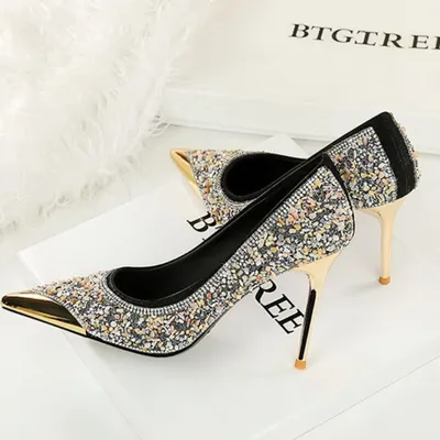 STILETTOS WITH RHINESTONES, METALLIC POINTED TOES