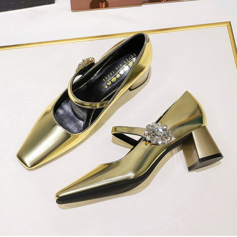 BANQUET RHINESTONE BUCKLE MID-HEEL CHUNKY HEEL 