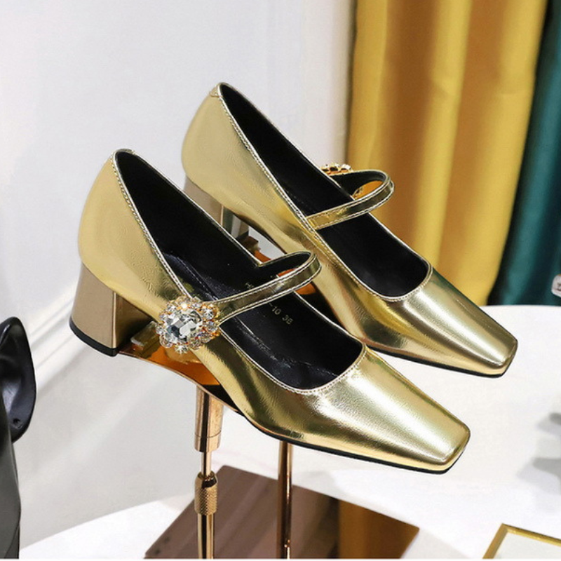 BANQUET RHINESTONE BUCKLE MID-HEEL CHUNKY HEEL 