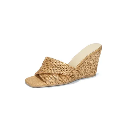 SQUARE-TOE RATTAN WOVEN WEDGE HEELS