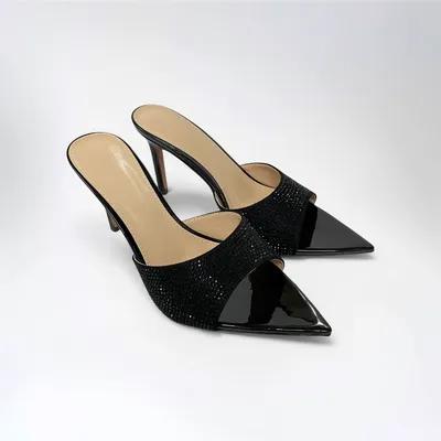 STRAPPY, RHINESTONE HIGH-HEELED SLIPPERS