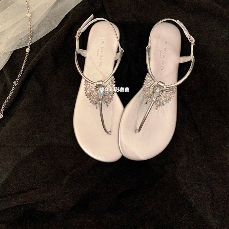 RHINESTONE BUTTERFLY BUCKLE FLIP-FLOP FLAT SANDALS