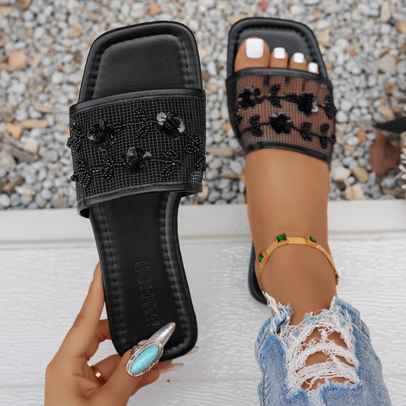  SEQUINED BEADED FLAT SANDALS