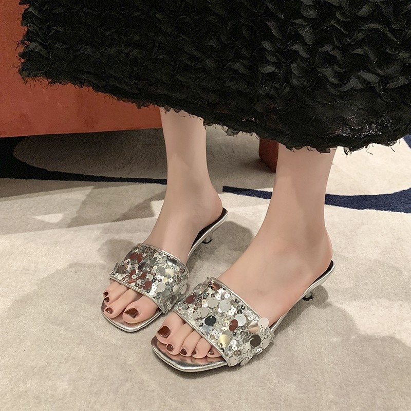 HINESTONE SEQUINED KITTEN HEEL SANDALS