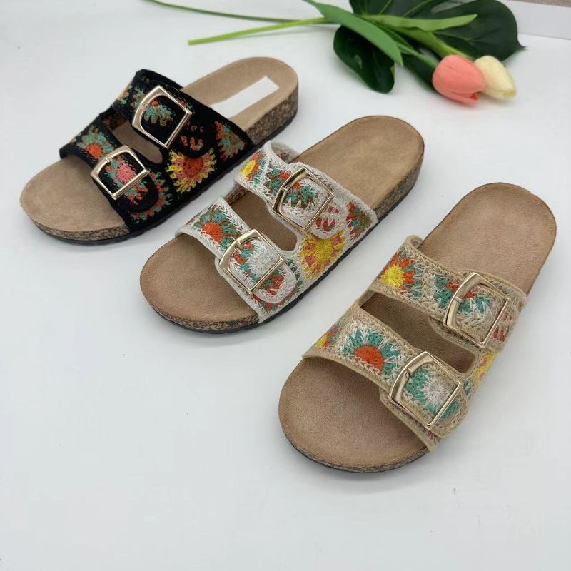 ETHNIC STYLE WOVEN DOUBLE BUCKLE SLIPPERS