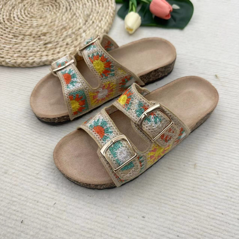 ETHNIC STYLE WOVEN DOUBLE BUCKLE SLIPPERS