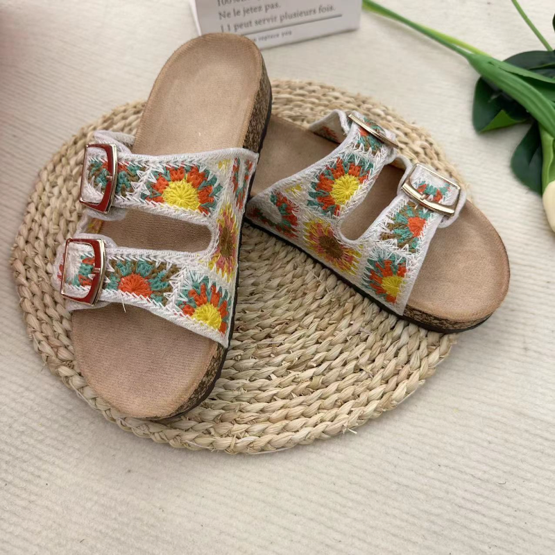 ETHNIC STYLE WOVEN DOUBLE BUCKLE SLIPPERS