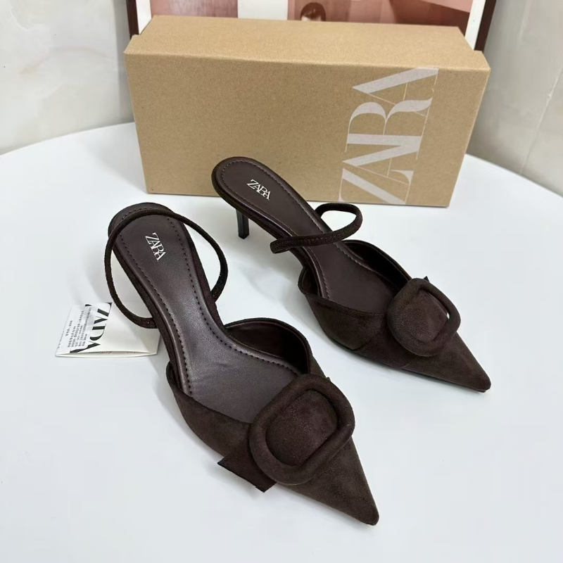 CHIC BROWN POINTED BUCKLE HEELS