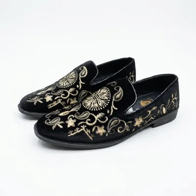 Premium Black Velvet Embroidered Loafers for Men