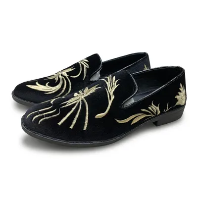 Exclusive Black Velvet Embroidered Loafers for Men