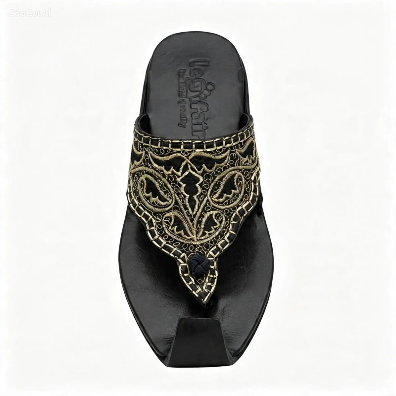 Crafted  Black Embroidered Leather Sandals