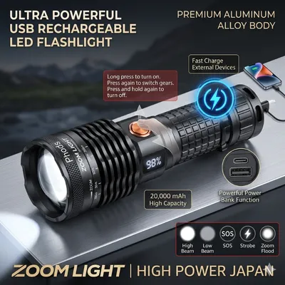 High Power Flashlight with Rechargeable Powerbank