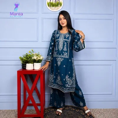Queen’s Blue // Premium Embroidery Work Slub Cotton Fabric // Co-Ord’s 2PCS Set