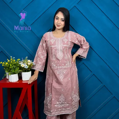 Nude Rose // Premium Embroidery Work Slub Cotton Fabric // Co-Ord’s 2PCS Set