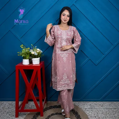 Nude Rose // Premium Embroidery Work Slub Cotton Fabric // Co-Ord’s 2PCS Set