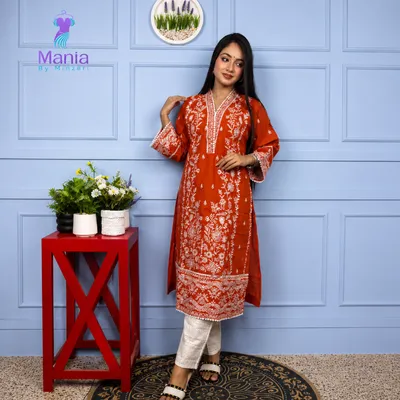 Spice Orange // All Over Embroidery Work Slub Cotton Fabric // Co-Ord’s 2PCS Set