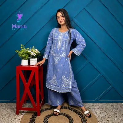 Crystal Blue // Premium Embroidery Work Slub Cotton Fabric // Co-Ord’s 2PCS Set