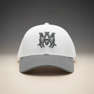 Premium Amiri MA Logo Cap – White/Grey Canvas Baseball Hat