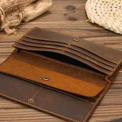 Top-Grain Cowhide Crazy Horse Leather Slim Long Wallet for Men