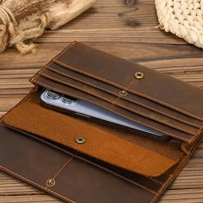 Top-Grain Cowhide Crazy Horse Leather Slim Long Wallet for Men