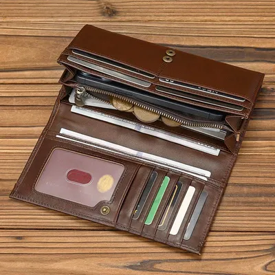 Genuine Top-Grain Cowhide Leather Tri-Fold Long Wallet