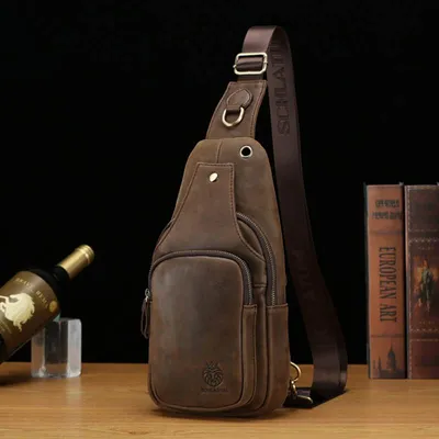 Genuine Leather Top-Grain Cowhide Crossbody Chest Bag | Retro Travel Sling Bag
