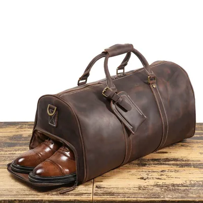 Genuine Crazy Horse Leather Handmade Travel Bag – Premium Cowhide Business & Leisure Duffel Bag