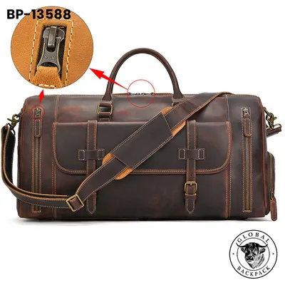 American Crazy Horse Leather Travel Duffle Bag with Shoe Compartment