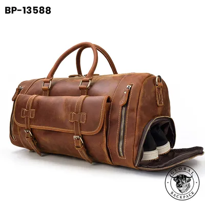 American Crazy Horse Leather Travel Duffle Bag with Shoe Compartment