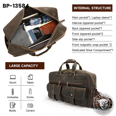 Men's  Crazy Horse Leather Large Travel Duffle Bag with Shoe Compartment