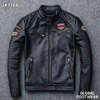 Embroidery motorcycle leather coat cowhide men's jacket