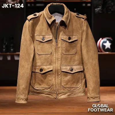 Men's M65 Genuine Leather Lapel Cracked Yellow Cowhide Jacket