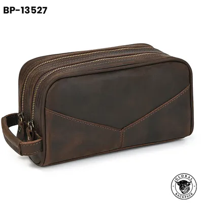 Men's Crazy Horse Leather Travel Double Layer Zipper Toiletry Bag