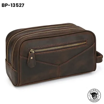 Men's Crazy Horse Leather Travel Double Layer Zipper Toiletry Bag