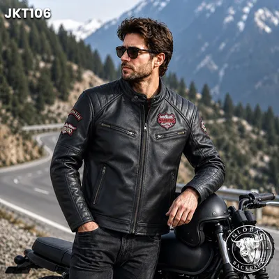 Embroidery motorcycle leather coat cowhide men's jacket