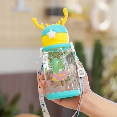 Cute Cartoon Bear Kids' Water Bottle with Straw & Strap