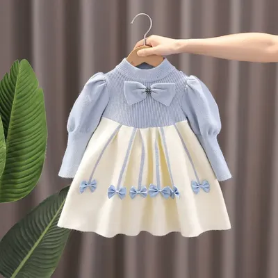 Girls' Knitted Princess Sweater Dress with Puff Sleeves