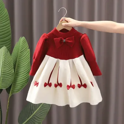 Girls' Knitted Princess Sweater Dress with Puff Sleeves