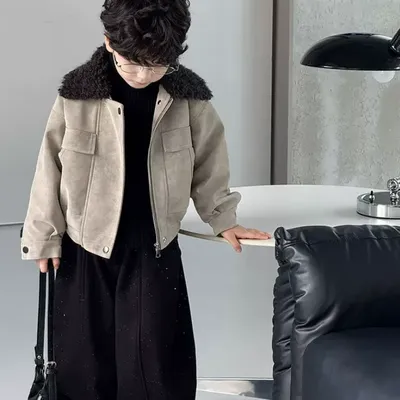 Children's Trendy Winter Fur Collar Leather Jacket